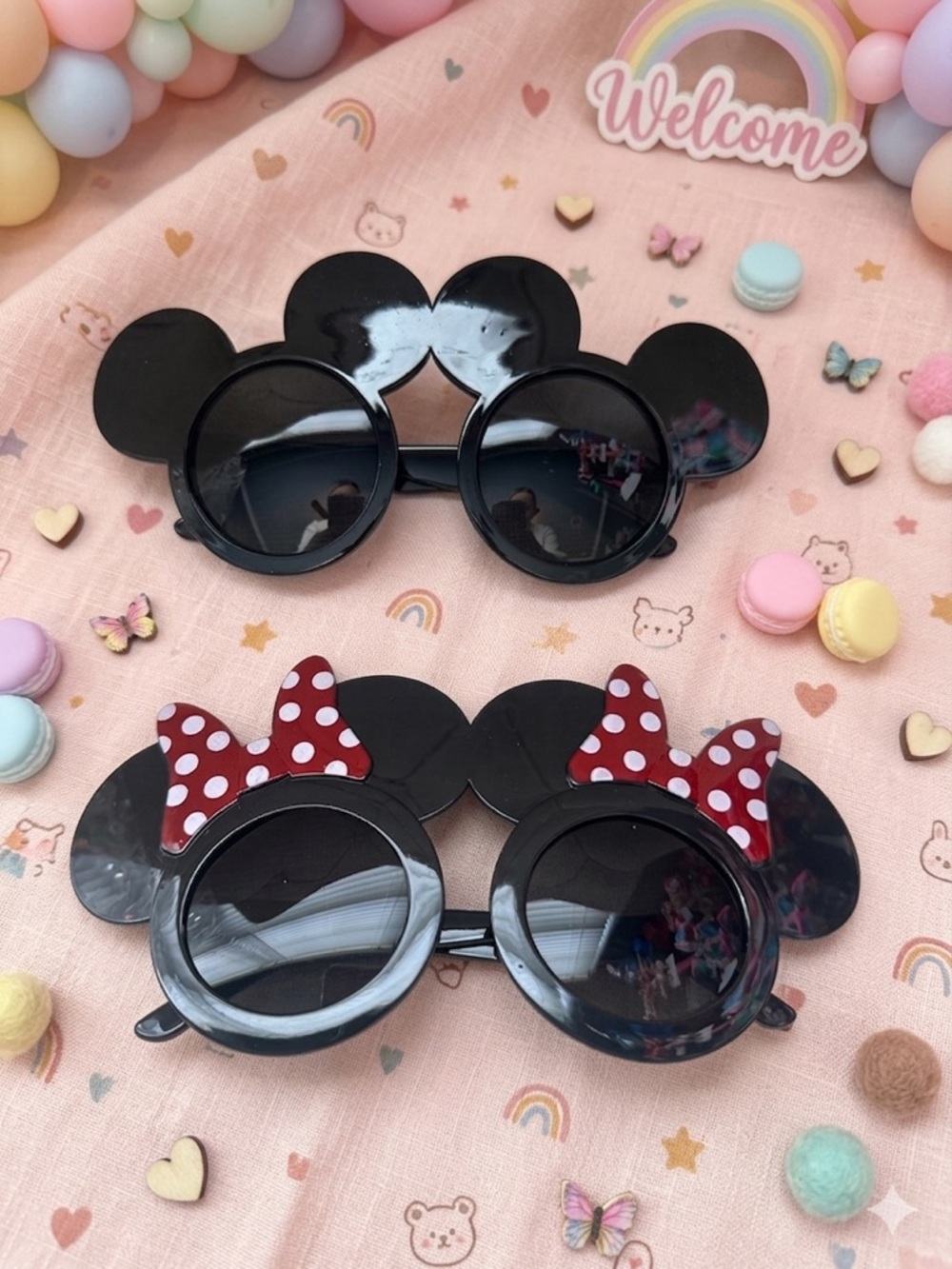 Disney Kids Black Minnie & Mickey Mouse Ears Sunglasses with Red Polka Dot Bows